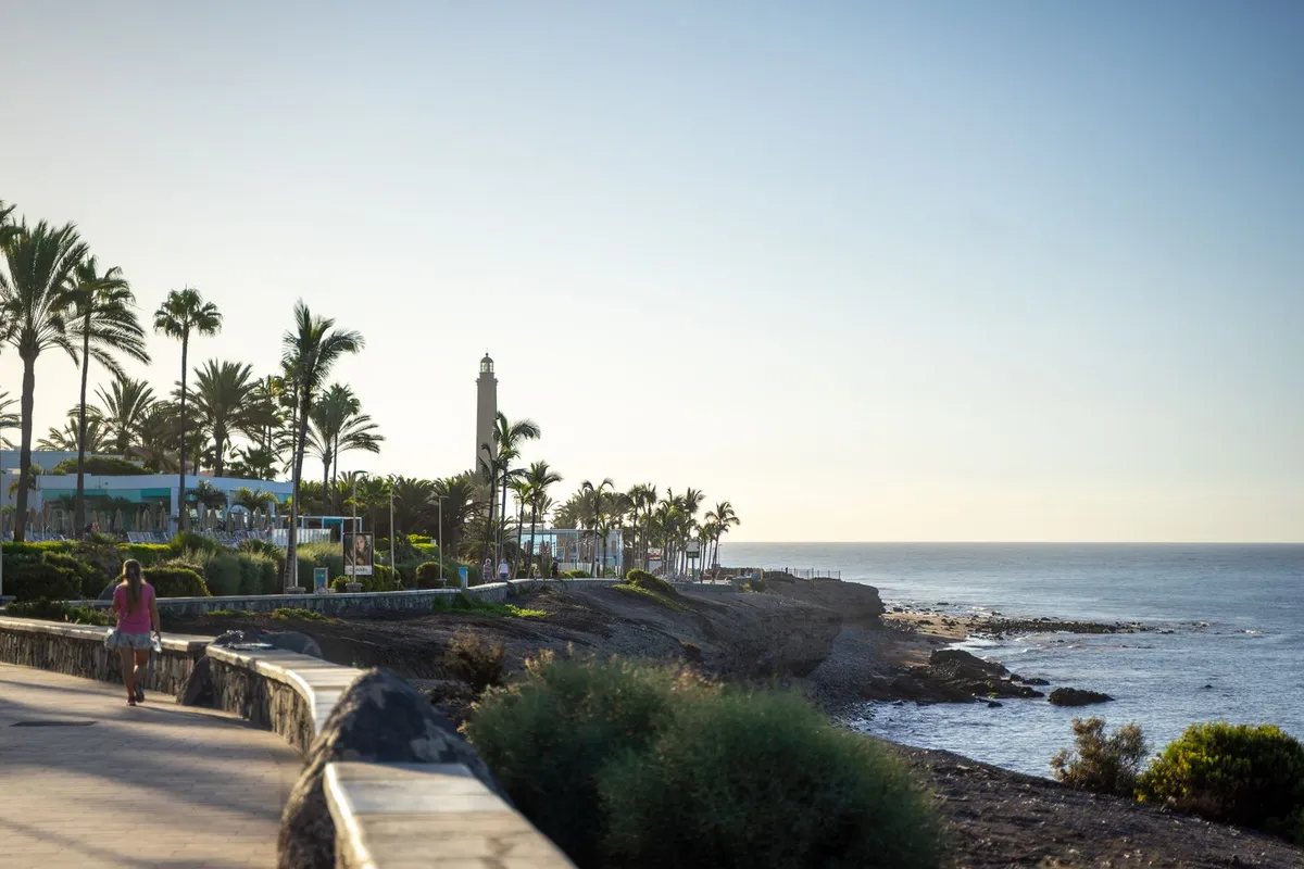 The Costa Adeje seafront promenade lined with palm trees, leading past a lighthouse along the rocky coast