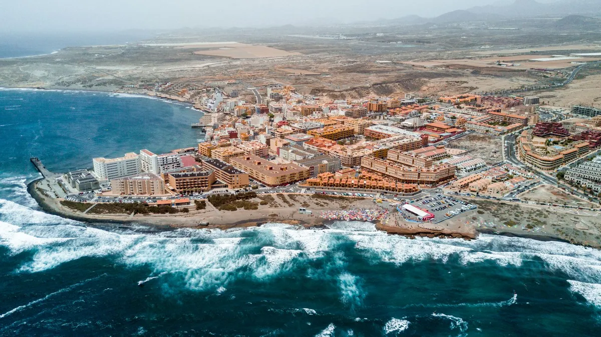 Aerial view of El Médano town and its windswept beaches on the south coast of Tenerife