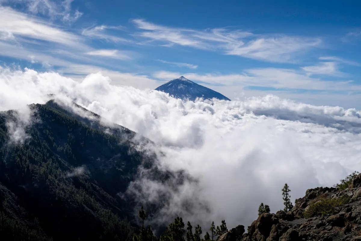 The peak of Mount Teide rising above a sea of cloud under a blue sky